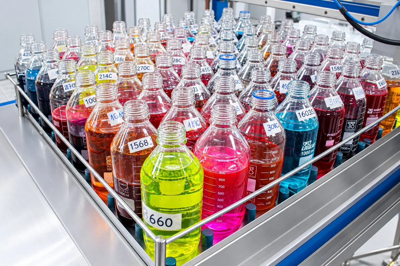 Frascos de corantes no laboratório de cores
